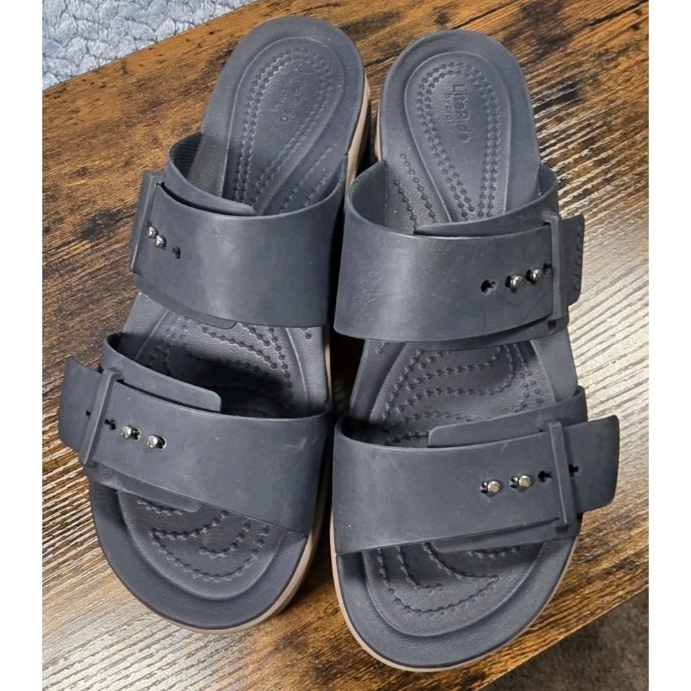 Crocs Womens Brooklyn Buckle Navy Lite Ride Wedge Slide Sandals Size 9 Dbl Strap - Picture 7 of 13